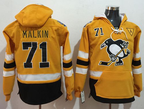Penguins #71 Evgeni Malkin Gold Sawyer Hooded Sweatshirt Stadium Series Stitched NHL Jersey - Click Image to Close